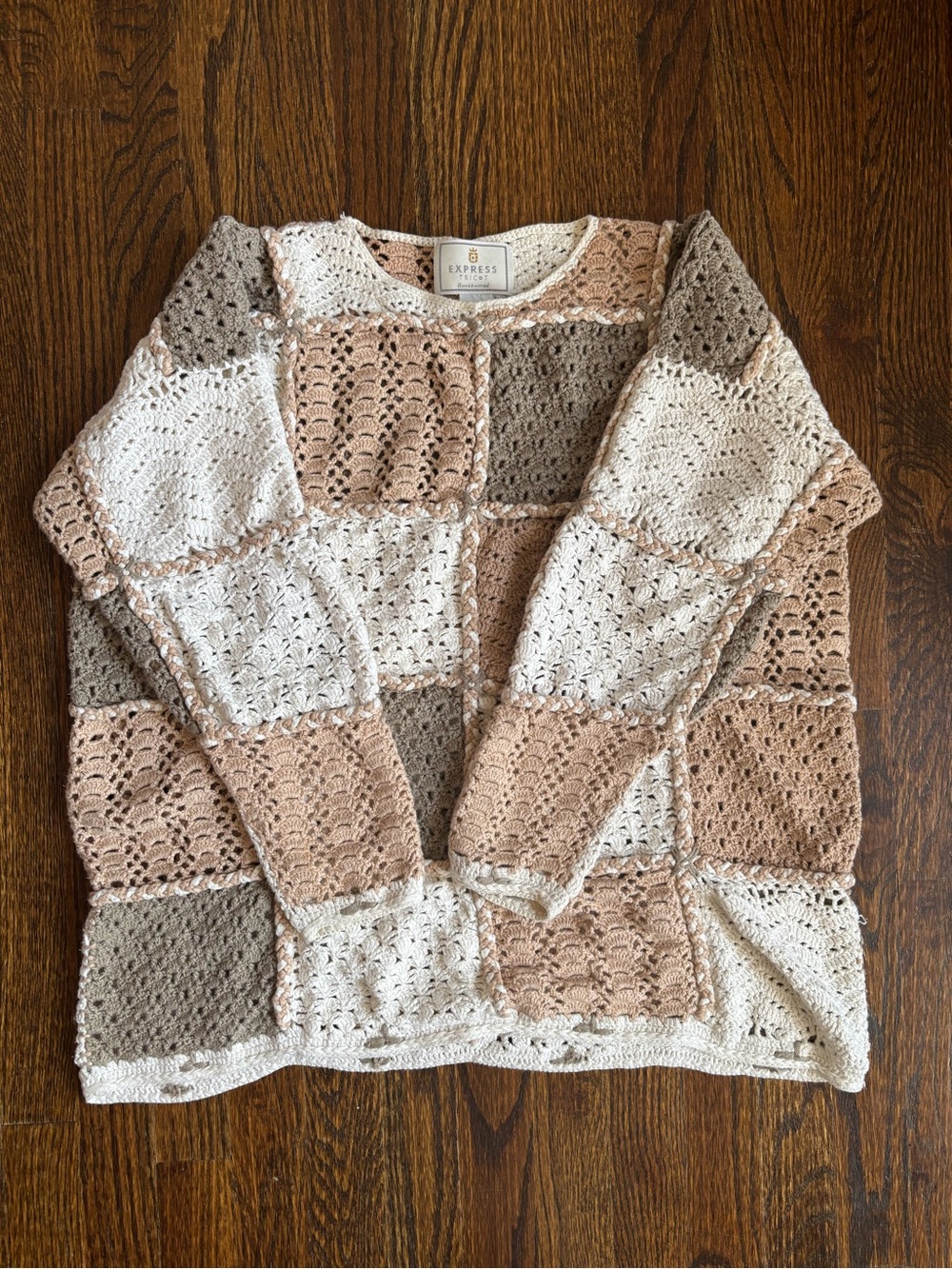 Vintage 90s Express Cotton Crochet Patchwork Oversized Sweater Handknitted